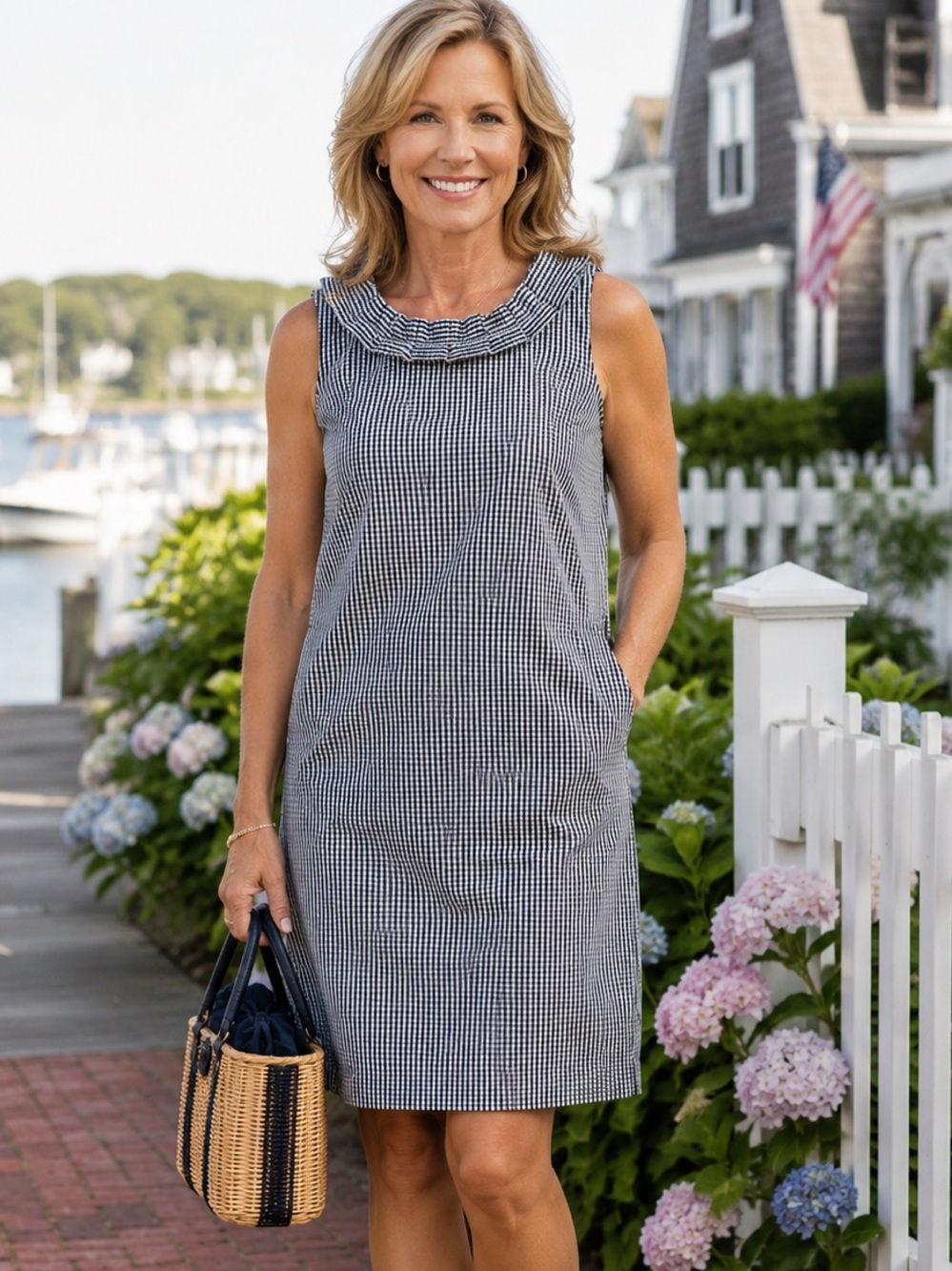 TALBOTS Gingham Black White Ruffle Neck New England Preppy Dress Size 8